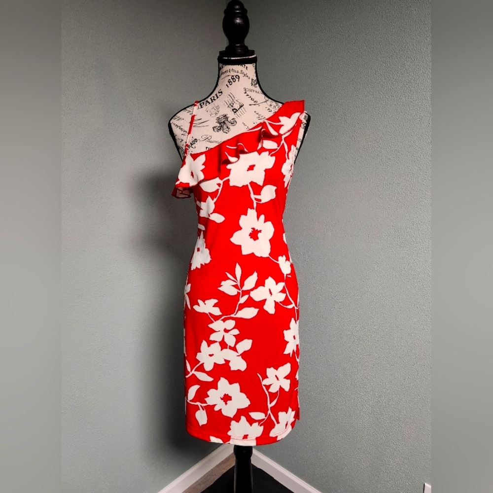 Vintage City Triangles Red and White Asymmetrical Floral Dress